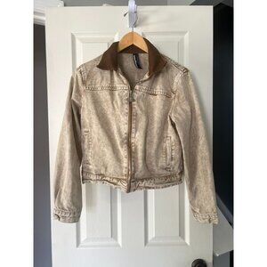 Missguided Cropped Jacket S Beige Distressed Denim Look Faux Leather Collar Y2K